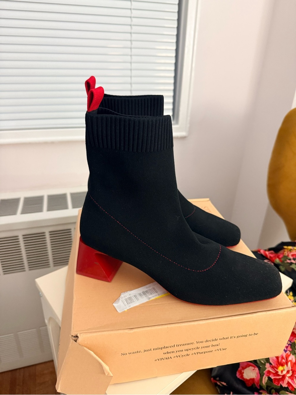 Vivaia Square-Toe Water-Repellent Block Heeled Boots (Regina Pro) Black & Red